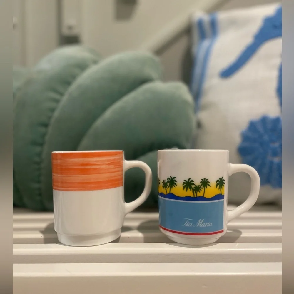 VTG Set Of 2 Arcoroc Brush Orange &‎ Tia Maria Arocpal France Coffee Tea Mugs RH
